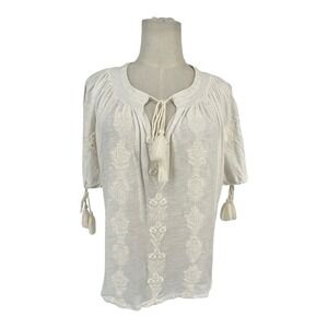Lucky Brand Womens White Embroidered Tassel Peasant Blouse Top Med Cottagecore